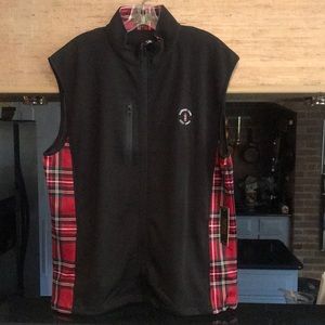 Men's Black Fleece Vest with Red Plaid Panels